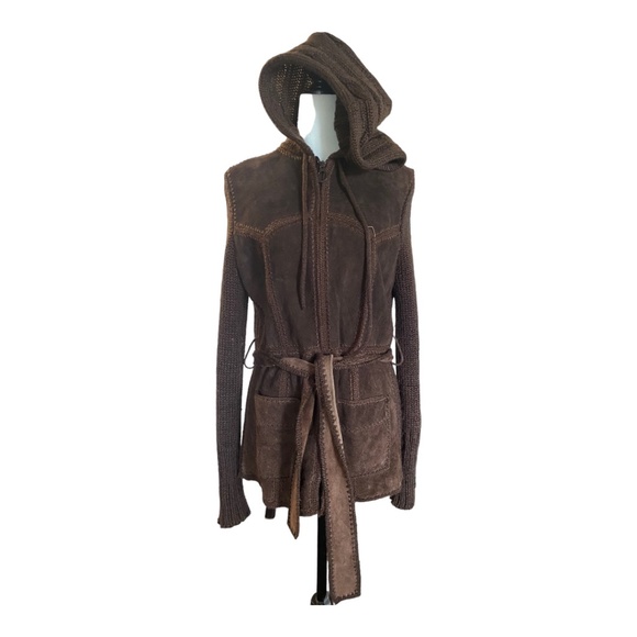 Vintage Suede patchwork knit belted boho jacket. Sz L - Picture 5 of 16